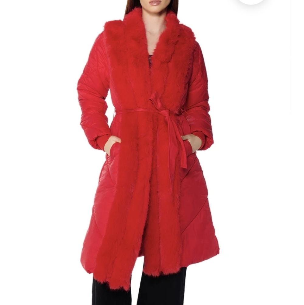 AKIRA Red Faux Fur Trim Belted Trench Coat